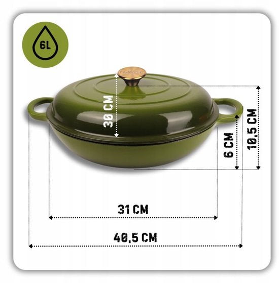 Hage - Cocotte - Cocotte basse en fonte avec couvercle - Émaillée - Compatible four et induction - Pour rôtir, mijoter et gratins - 3 litres - 40,5 x 30 x 10,5 cm - Vert olive