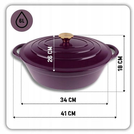Hage - Braadpan - Geëmailleerde Gietijzeren Braadpan met Deksel - Oven & Inductie Geschikt - Voor Braden, Stoven en Ovenschotels - 6 Liters - 34 x 26 x 18 cm - Paars