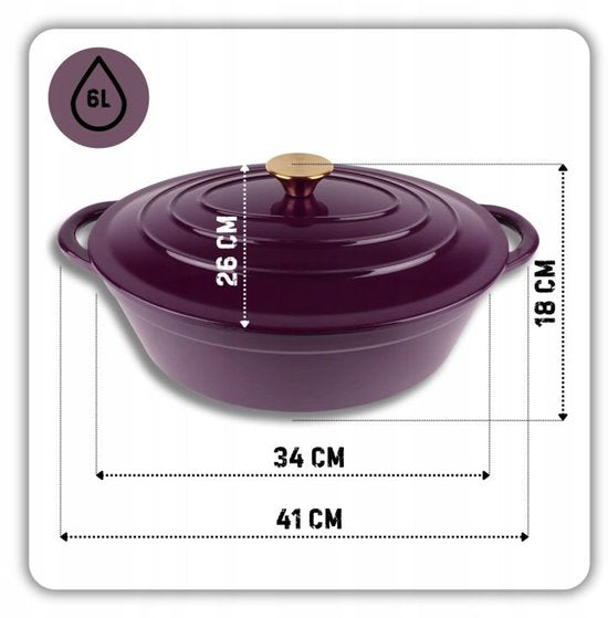 Hage - Braadpan - Geëmailleerde Gietijzeren Braadpan met Deksel - Oven & Inductie Geschikt - Voor Braden, Stoven en Ovenschotels - 6 Liters - 34 x 26 x 18 cm - Paars