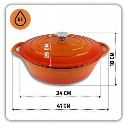 Hage - Braadpan - Geëmailleerde Gietijzeren Braadpan met Deksel - Oven & Inductie Geschikt - Voor Braden, Stoven en Ovenschotels - 6 Liters - 34 x 26 x 18 cm - Oranje