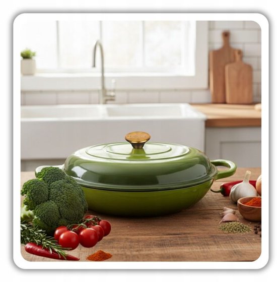 Hage - Cocotte - Cocotte basse en fonte avec couvercle - Émaillée - Compatible four et induction - Pour rôtir, mijoter et gratins - 3 litres - 40,5 x 30 x 10,5 cm - Vert olive