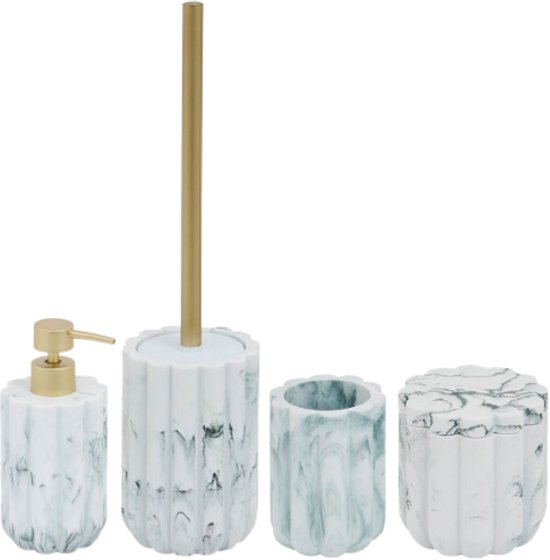 Badezimmer-Accessoireset - Moderne Badezimmer-Accessoires - Seifenspender 230 ml - Zahnbürstenhalter - Toilettenbürste - Wattestäbchenbehälter - Luxuriöse Badezimmer-Accessoires - Polyresin - Marmor Weiß