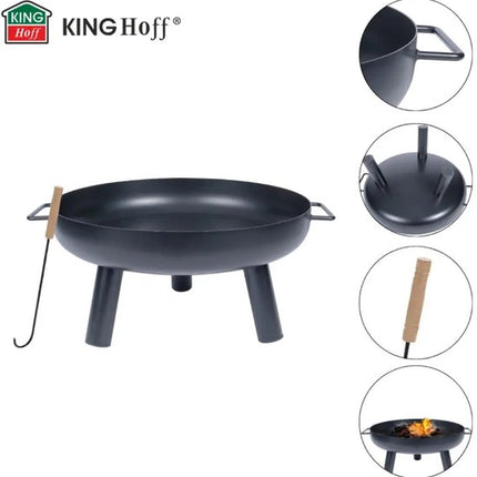 KINGHoff - Vuurkorf - Camping BBQ Vuurkorf - Tuinhaard Buiten Houtskool - Vuurplaats Tuin - Bonfire Fire Pit met Pook - Terras Haard - Metaal - Ø60.5 x 32 cm - Zwart