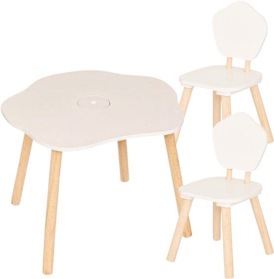 Douceur Organic Kindermöbel - Kindermöbelset - Kindermöbel - 1 Tisch + 2 Stühle - Set für Kinder - MDF & Kiefernholz - Weiß