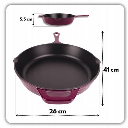 Hage - Gietijzeren Koekenpan - Geëmailleerde Bakpan met Hoge Rand - Inductie, Gas, Elektrisch & Ovenbestendig - Voor Bakken en Braden - Gelijkmatige Warmteverdeling - Ergonomisch Handvat - Ø26cm - Aubergine
