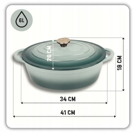 Hage - Gietijzeren Braadpan - Braadpan - Cast Iron Casserole met Deksel - Geëmailleerd - Geschikt voor Inductie & Oven - 6 Liter - 34 x 26 x 18 cm - Pastel Teal