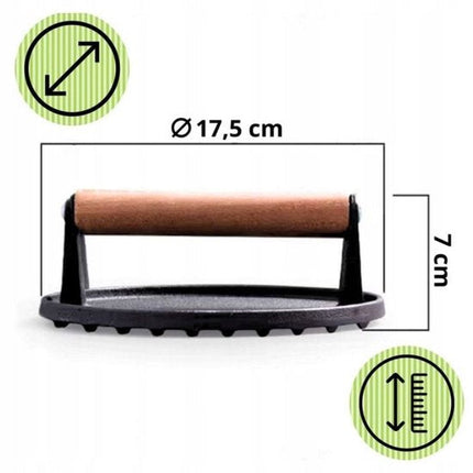 Hage - Hamburgerpers - Gietijzeren Burger Press - Smash Burger Press - Hamburgerpers met Houten Handgreep - Voor BBQ, Grill & Koekenpan - Ø17.5 cm - Zwart
