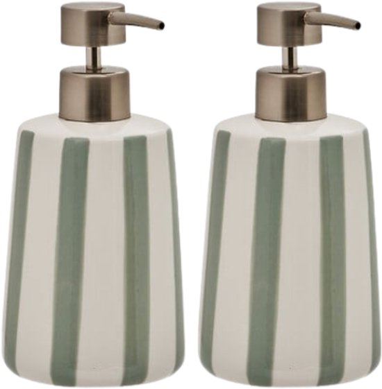 Strio Zeepdispenser - Zeep Pomp - Set van 2 - Luxe Badkamer & Keuken Accessoire - 400 ml - Ø8.6 x 17.3 cm - Dolomiet - Celadon Groen