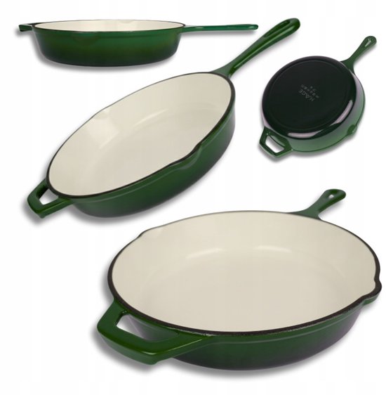 Hage - Gietijzeren Koekenpan - Geëmailleerde Bakpan met Hoge Rand - Inductie, Gas, Elektrisch & Ovenbestendig - Voor Bakken en Braden - Gelijkmatige Warmteverdeling - Ergonomisch Handvat - Ø26cm - Flesgroen