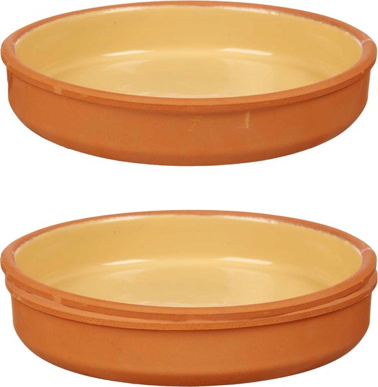 La Dehesa Tapas serveerschaal - 2x stuks - terracotta - geel - D23 x H4 cm - hapjes serveren - ovenschaal - rond