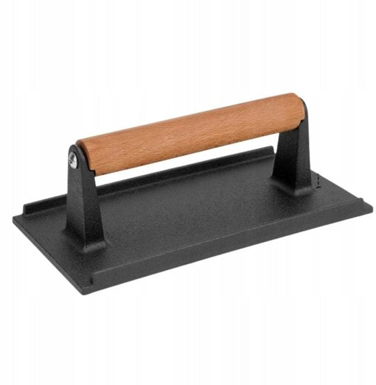 Hage - Hamburgerpers - Gietijzeren Burger Press - Smash Burger Press - Hamburgerpers met Houten Handgreep - Voor BBQ, Grill & Koekenpan - 20 x 10 cm - Zwart