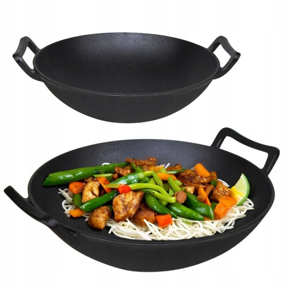 Hage gietijzeren wok 36 cm met 2 handgrepen, geschikt voor inductie en open vuur