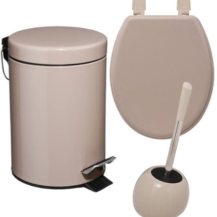 Badkamerset - Toiletaccessoires - Moderne Badkamer Accessoires - Toiletbril - Toiletborstel Set - Prullenbak - Beige Linnen HDF WC Bril & Keramische WC Borstelhouder - Taupe 3L Metalen Pedaalemmer