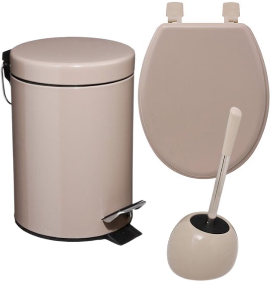 Badezimmerset - Toilettenzubehör - Moderne Bade zimmeraccessoires - Toilettensitz - WC-Bürstengarnitur - Abfalleimer - Beige Leinen-HDF-Toilettensitz & Keramik-WC-Bürstenhalter - Taupefarbener 3L-Metall-Tretmülleimer