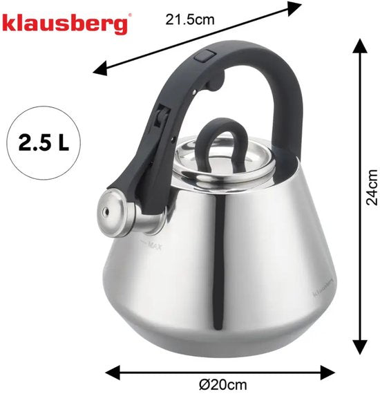 Klausberg 7947 - Flötenkessel mit Pfeife - 2,5 Liter - Edelstahl - silberfarben