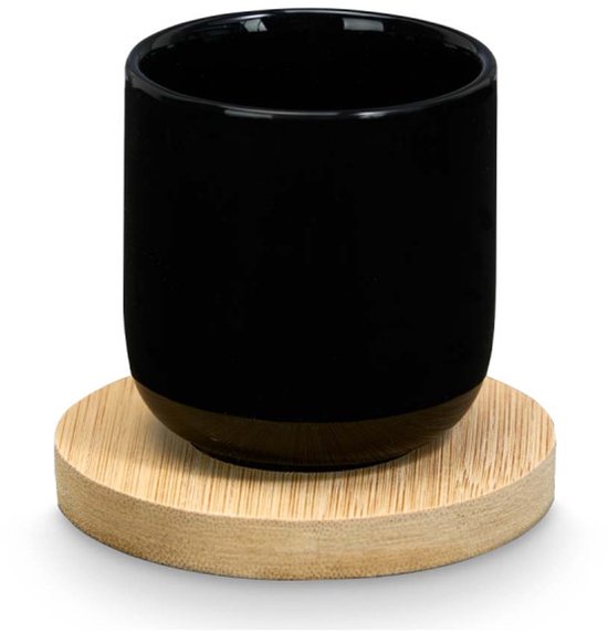 Zwarte espresso kopjes set van 4 – keramiek, bamboe onderzetters, 95 ml – foto 4