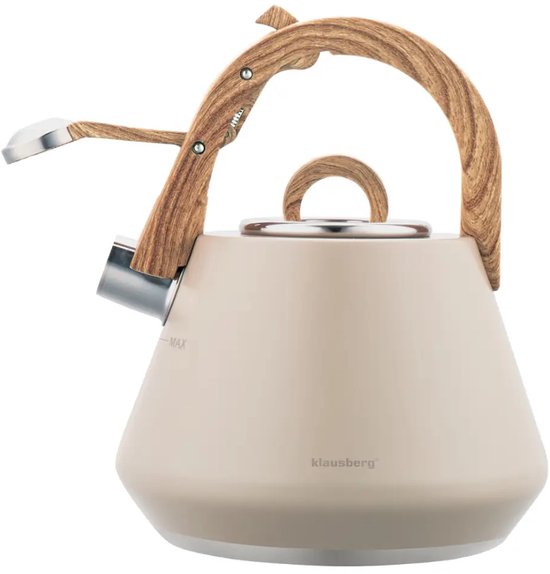 Klausberg 7950 - Fluitketel met fluit - 2.5 liter - RVS - beige - houten handvat (kopie)