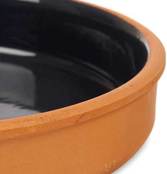 La Dehesa Tapas serveerschaal - 2x stuks - terracotta - zwart - D23 x H4 cm - hapjes serveren - ovenschaal - rond
