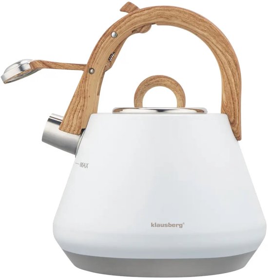 Klausberg - KB-9061 - Fluitketel 2.5 Liter - RVS Waterketel - Met Fluit - Afneembaar Deksel - Houtlook Handgreep - Inductie - Gas - Elektrisch - Keramisch - Theeketel - Koffie - Brede Voet - MAX Aanduiding - Wit