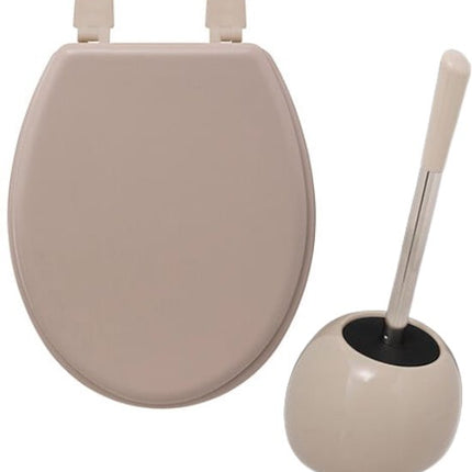 Badkamerset - Toiletaccessoires - Moderne Badkamer Accessoires - Toiletbril & Toiletborstel Set - Linen Design - HDF WC Bril - Keramische WC Borstelhouder - Beige Linnen