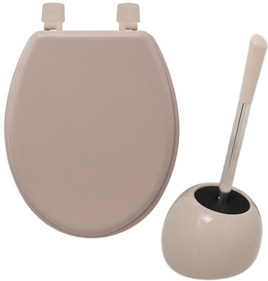 Badkamerset - Toiletaccessoires - Moderne Badkamer Accessoires - Toiletbril & Toiletborstel Set - Linen Design - HDF WC Bril - Keramische WC Borstelhouder - Beige Linnen