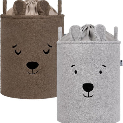 SIPO Speelgoedmand - Premium Bouclé-Editie - Opbergbak - Opbergmand - Met Drawstring Sluiting - Set van 2 - Bruine Beer & Grijze Beer Design - Voor Speelgoed - Kleding - Textiel - XL - 43 Liters - 35 x 35 x 45 cm - Bruin & Grijs