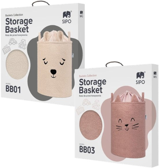 SIPO Spielzeugkörbe Bouclé – 2er-Set – Bär/Katze Design – 43 L – Beige/Rosa
