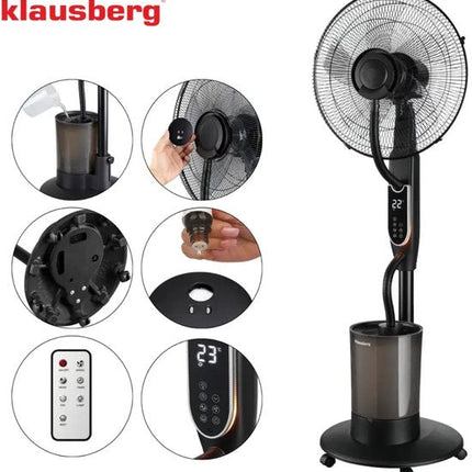 Klausberg - Mist Ventilator - Staande Ventilator - Vloerventilator met Verneveling - Luchtbevochtiger 5L - Afstandsbediening LED & Timer - Koelventilator met Watervernevelaar - Air Cooler met Oscillatie 90° - 90W - Ø16inch - Zwart