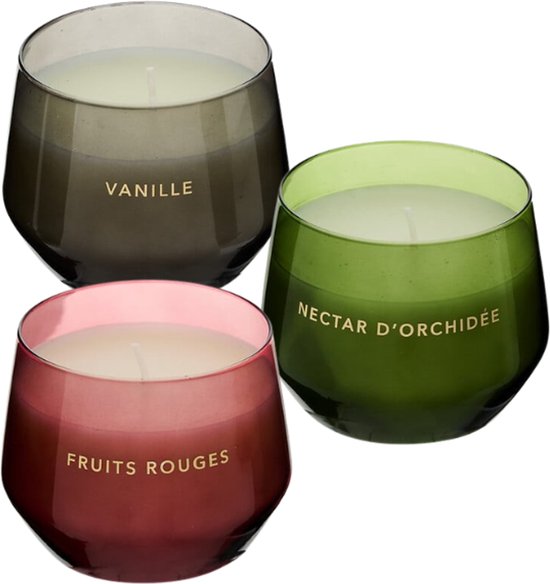 Geurkaars - Glowy Geurkaars in Glazen Pot - Vanille - Orchid - Rode Vruchten - Scented Candle - Set van 3 - Luxe Sfeerverlichting - 40 Branduren - 300g - Ø10 x 7.8 cm - Zwart / Groen / Rood