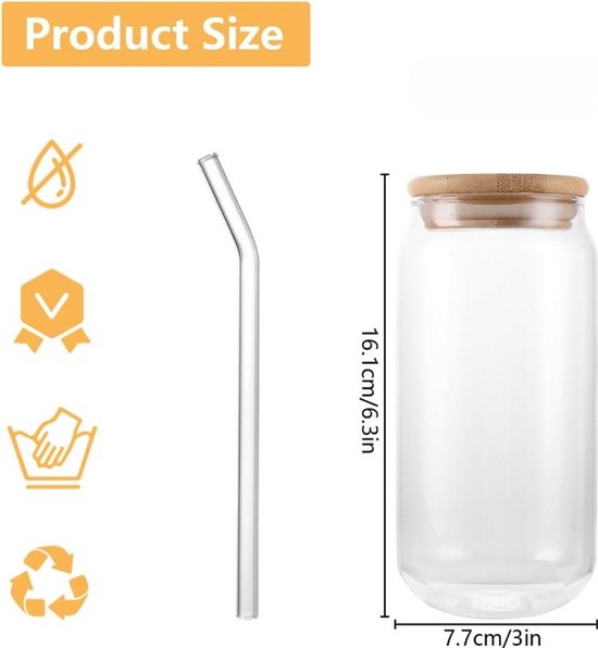 Trinkglas - Smoothie-Glas - Eiskaffee-Glas - Glas mit Bambusdeckel und Strohhalm - Wiederverwendbares Trinkglas - 550 ml - 16,1 x 7,7 cm - Transparent