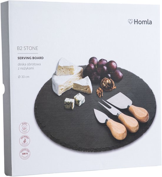 Homla - B2STONE Drehteller Servierbrett mit Messer - Schiefer Käsebrett - Drehbares Tapas-Brett - Luxuriöses Käse-Servierbrett - Snackbrett - Servierplatte mit Drehsystem - Ø30 cm - Schwarz