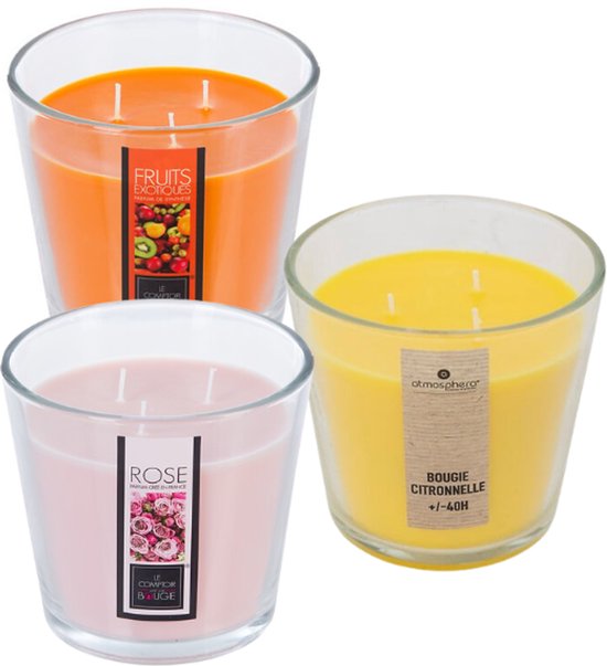 Nina Geurkaarsenset - Geurkaars - Parfumkaars - Grote Geurkaars in Glazen Pot - Exotic Fruits - Roos - Citronella - Scented Candle - 500g - 13.5 x 12.5 cm - Transparant