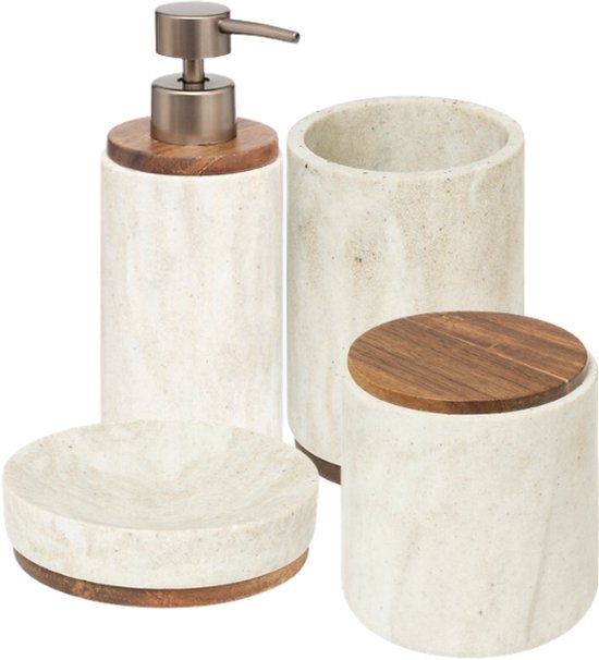 Côme Badkameraccessoiresset - Luxe Badkamer Set - Badkamer Accessoires Set - Zeepdispenser - Tandenborstelbeker - Zeepbakje - Wattenschijfjeshouder - Polyresin - Beige