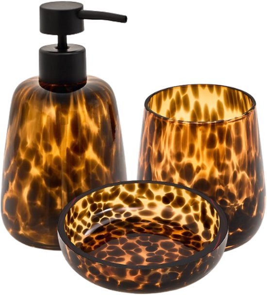 Badkamer accessoires set Dotty – bruin glas, 3-delig met zeeppompje 400 ml
