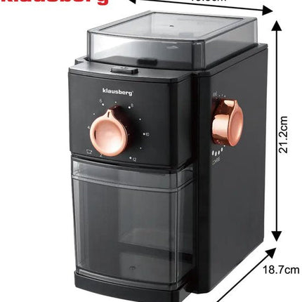 Klausberg - Koffiemolen - Elektrische Koffiemolen - Maalgraad Instelbaar - 250 g Bonenreservoir - Tot 12 Kopjes - Flat Burr Maalwerk - 150W - Zwart/Rose Gold
