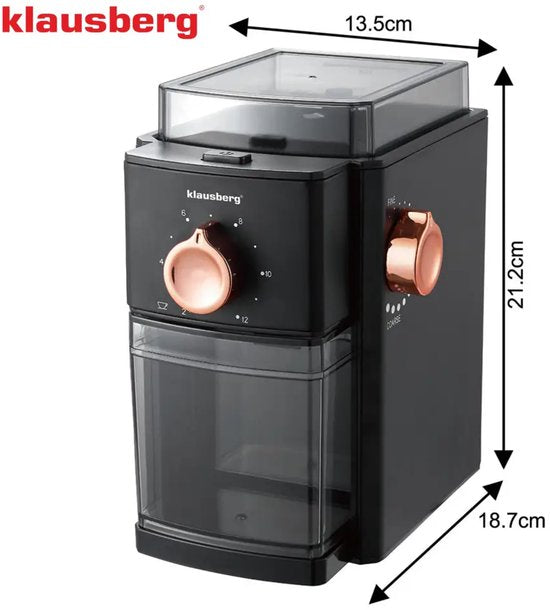 Klausberg - Koffiemolen - Elektrische Koffiemolen - Maalgraad Instelbaar - 250 g Bonenreservoir - Tot 12 Kopjes - Flat Burr Maalwerk - 150W - Zwart/Rose Gold
