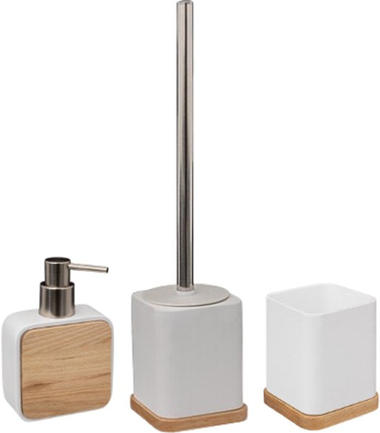 Natureo Badezimmer-Accessoires-Set – Luxus Badezimmer-Set – Badezimmer-Zubehör-Set – WC-Bürste – Zahnbürstenhalter – Seifenspender 300 ml – Polyresin / ESCHE – Weiß