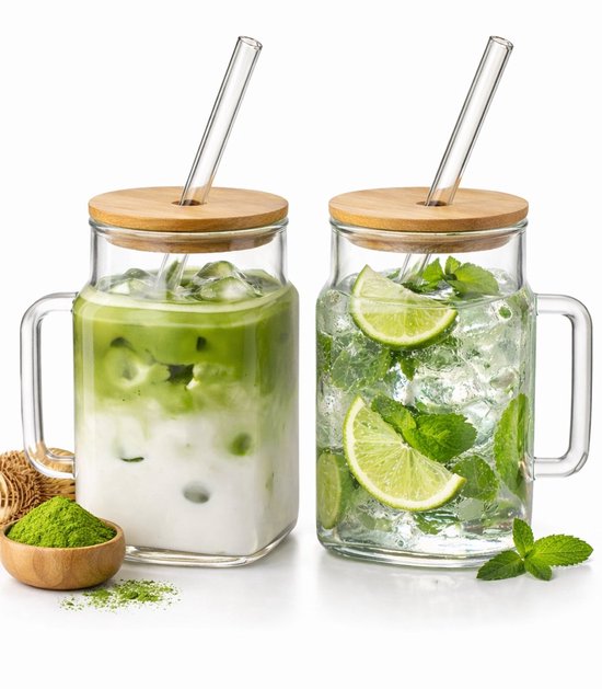 Drinkbekersset - Set van 2 - Iced Coffee Glazen - Matcha Bekers met Handvat - Cocktailglazen met Deksel en Glazen Rietje - Bamboe Deksel - Herbruikbare Drinkglazen - 550 ml - Transparant
