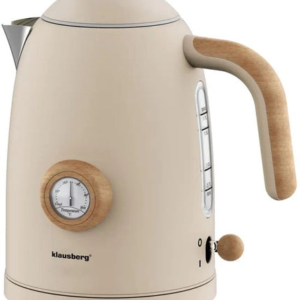 Klausberg - Waterkoker - Retro Waterkoker - Elektrische Waterkoker met Thermometer - Design Waterkoker met Houtkleur - Grote Waterkoker Keuken - Thee & Koffie Koker - 1.7L - RVS - 2200W - Beige