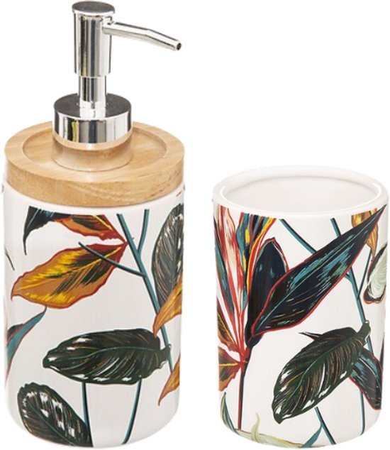 Palawan Badkameraccessoiresset - Badkamerset - Toiletaccessoires - Moderne Badkamer Accessoires - Tandenborstelhouder & Zeepdispenser - Keramiek Dolomiet & Stoneware