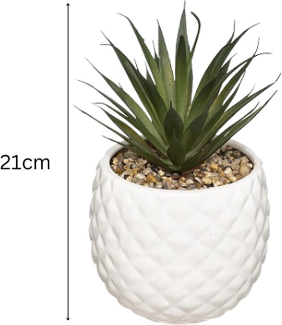 Kunst Ananas Plant in Pot - Set van 2 - Decoratieve Kamerplant - Kunstplant met Keramische Pot - Tafeldecoratie Woonkamer - Onderhoudsvrije Plant - Dolomiet - 13 x 13 x 21 cm - Wit