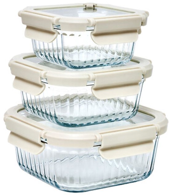 3-Delig Glazen Veshoudbakjes - Glas - Glazen - Lunchbox - Voedselbewaring - Luchtdichte Bewaarbakjes - Magnetron & Vaatwasser - 320ml, 520ml & 800ml - Borosilicaatglas - Transparant