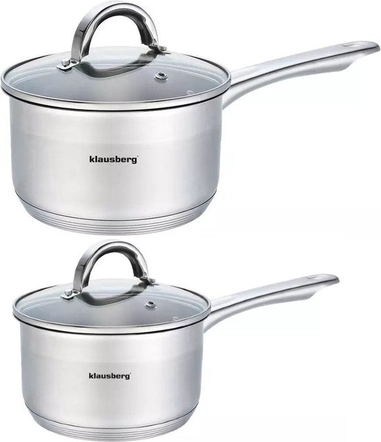 2 x Stielkasserolle / Stieltopf - Stieltopf mit Glasdeckel - Ø 14 und Ø 18 cm - Edelstahl - 1 Liter und 2,1 Liter