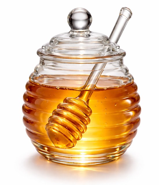 Glazen Honingpot met Deksel en Honinglepel – Borosilicaatglas – Transparant Design