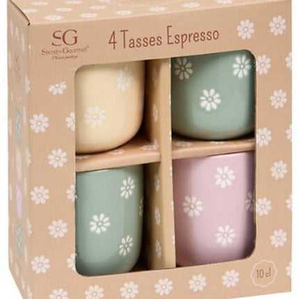 Margot Espressokopjes Set van 4 - Zachte Bloemetjes Print - 10 cl - Incl. 2x Groen, 1x Roze, 1x Geel