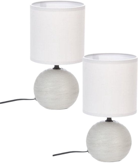 Timéo Tafellamp - Set van 2 - Tafellampen - Gestreepte Bol Lamp - E14 Tafellamp Sfeerverlichting - Keramiek - 25cm in Hoogte - Lichtgrijs
