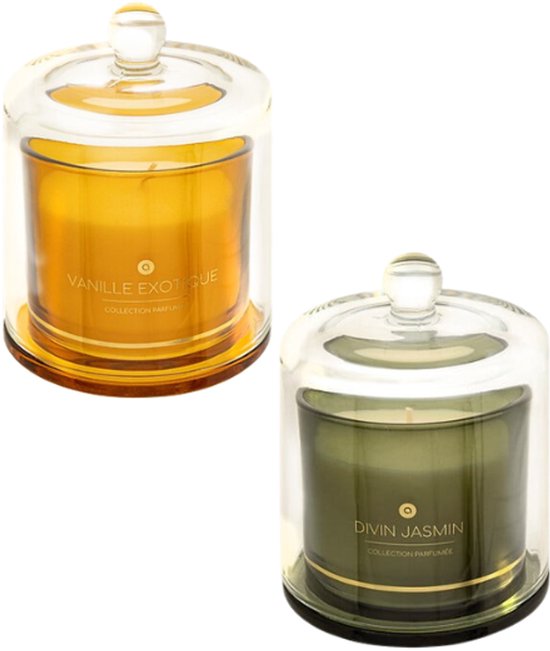 ILAE Duftkerze - Duftkerze im Glas mit Deckel - 2er-Set - Vanille & Jasmin - Scented Candles - Luxus-Wohnkultur - 240 g - Ø 10,8 x 13,8 cm - Bernstein & Grünes Glas