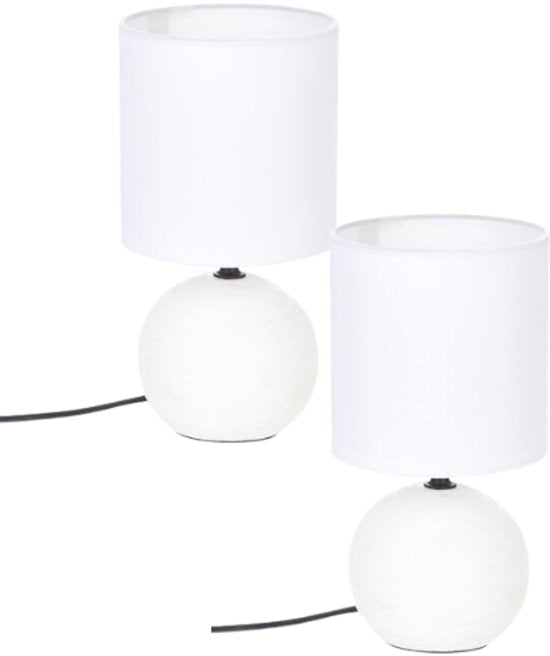 Timéo Tischlampe - 2er-Set - Tischleuchten - Gestreifte Kugellampe - E14 Tischleuchte Stimmungslicht - Keramik - 25 cm Höhe - Weiß
