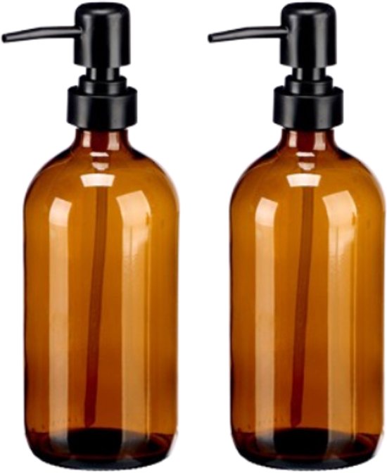 Flaschenpumpe - Spender - 2er-Set - Rund - Kristall-Spender mit schwarzer Pumpe - 500 ml - 7,4 x 9,5 x 21,4 cm - Braun-Schwarz