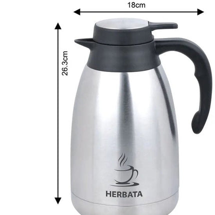 Kinghoff - KH-2095 - Dubbelwandig Thermoskan - Thermosfles - Thermoskan met Schenksysteem - Met Thee Label - Voor Kantoor, Catering & Thuis - 2 Liters - RVS - Zwart & Zilver